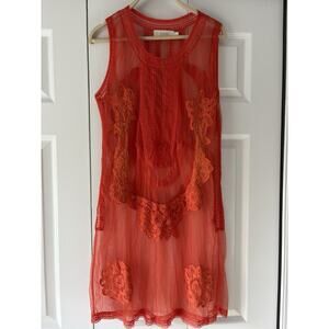 Candela Coral Sleeveless Sheer Embroidered Lacey Round Neck Tunic Cover Up Top L